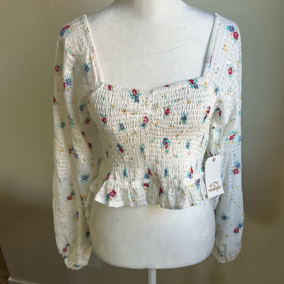 Billabong x Wrangler White Floral Balloon Sleeve Crop Top Size M $80 Smocked NEW - Picture 2 of 13